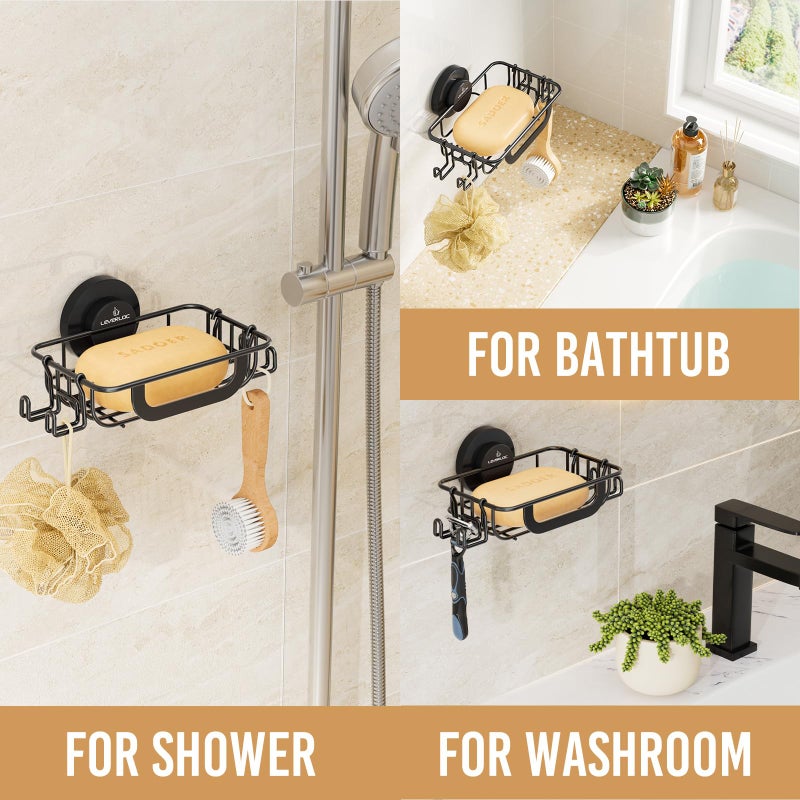 LEVERLOC Soap Holder Dish with Hooks for Shower  Bar Suction Cup Soap Tray Wall Mounted  Rustproof Stainless Steel Sponge Holder Caddy for Bathroom Bathtub Kitchen Sink  Black - Image 4